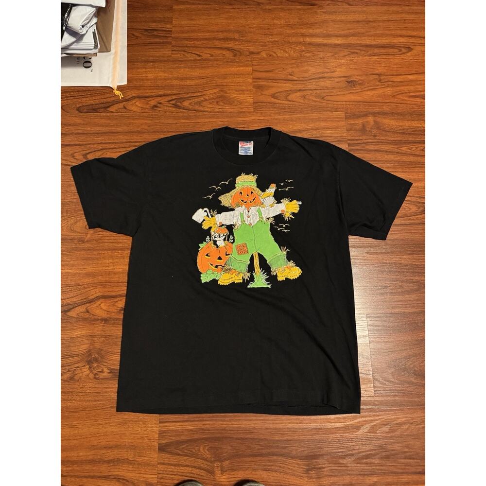 VTG 90s Halloween Jack O Lantern Pumpkin Scarecrow Black Shirt Single Stitch XL